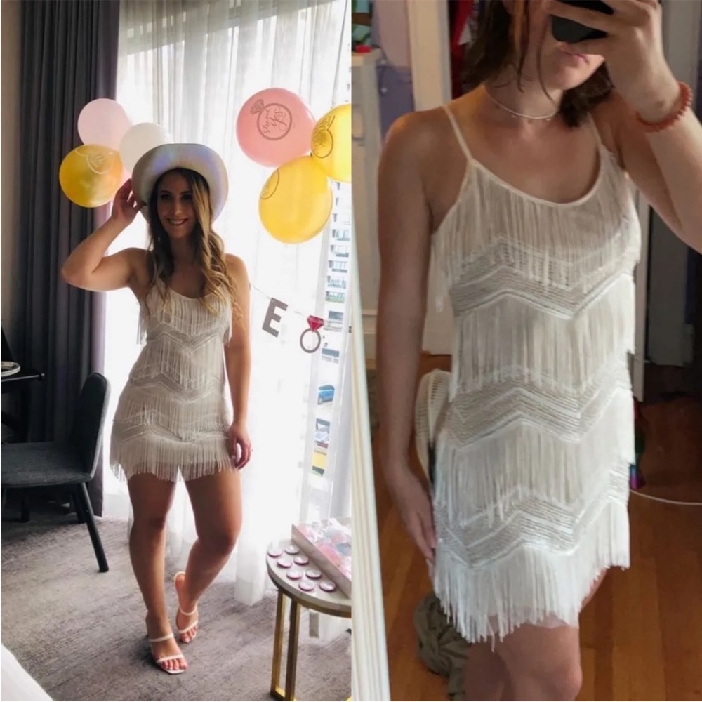White and Beige Sequin Fringe Flapper Mini Dress ๐ฟ - Picture 8 of 16